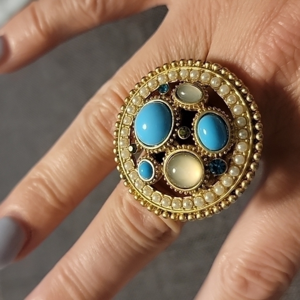 Faux pearl turquoise beaded statement‎ ring beach festival Fairycore